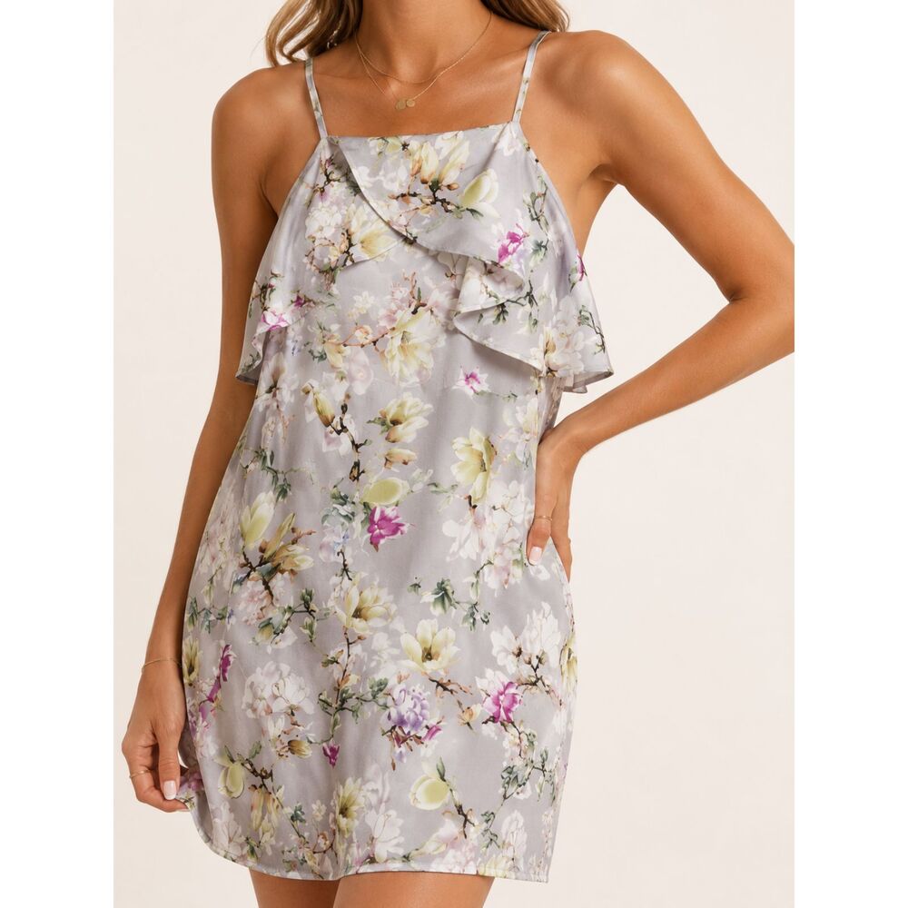 Doe & Rae Floral Ruffle Mini Dress Medium Lavender Spaghetti Strap Lined NWT